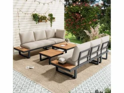Merax Conjunto de muebles de jardín - 252 x 195 x 76 cm - con sofá reclinable + 2 mesas de centro - Poliéster + metal - + negro