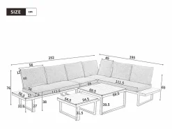 Merax Conjunto de muebles de jardín - 252 x 195 x 76 cm - con sofá reclinable + 2 mesas de centro - Poliéster + metal - + negro