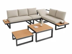Merax Conjunto de muebles de jardín - 252 x 195 x 76 cm - con sofá reclinable + 2 mesas de centro - Poliéster + metal - + negro