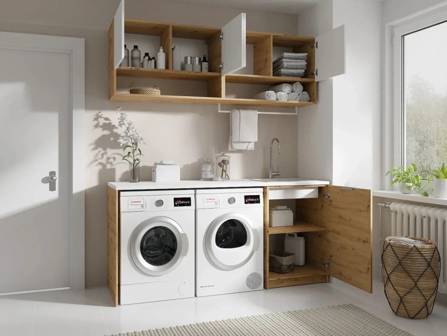Sale Vente-unique Conjunto de muebles para lavadora, L182 cm, blanco y natural claro, NATAJI Color natural claro / Blanco