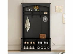 Best Conjunto de perchero con banco y estante, 3 ganchos para colgar, estantes abiertos, tablero de partículas, (Alto 190 x Ancho 120 x Fondo 40 cm) Negro