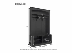 Best Conjunto de perchero con banco y estante, 3 ganchos para colgar, estantes abiertos, tablero de partículas, (Alto 190 x Ancho 120 x Fondo 40 cm) Negro