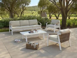 Sale Conjunto de salón de jardín en aluminio y cuerda: sofá de 3 plazas, 2 sillones y una mesa de centro - Blanco con cojines beige - LUREYA de Salones De Jardín