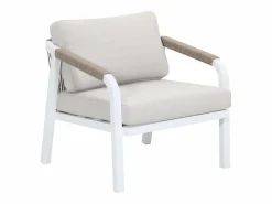 Sale Conjunto de salón de jardín en aluminio y cuerda: sofá de 3 plazas, 2 sillones y una mesa de centro - Blanco con cojines beige - LUREYA de Salones De Jardín