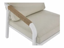 Sale Conjunto de salón de jardín en aluminio y cuerda: sofá de 3 plazas, 2 sillones y una mesa de centro - Blanco con cojines beige - LUREYA de Salones De Jardín