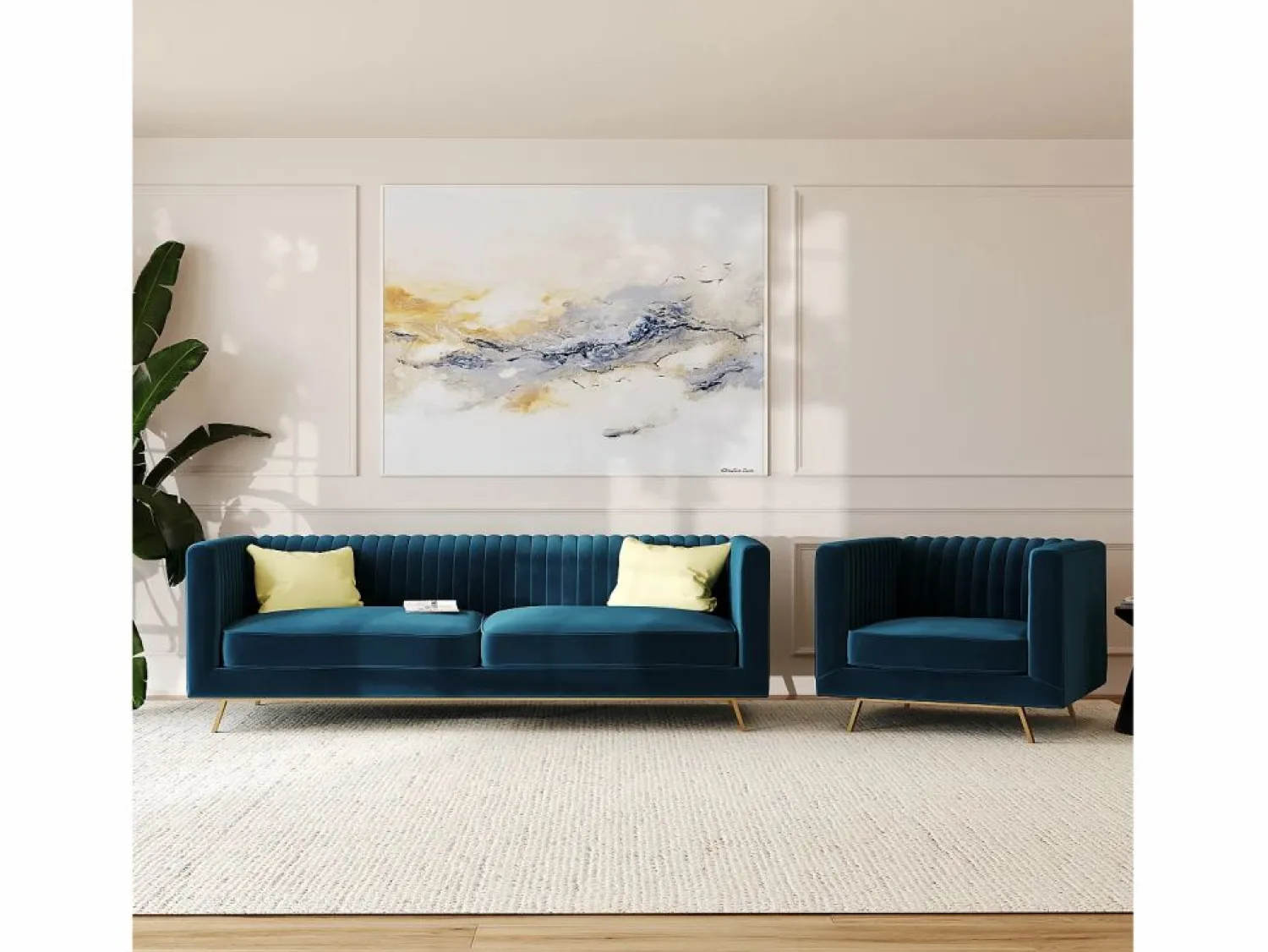 Clearance Rendez-Vous Déco Conjunto de sofá y sillón de terciopelo de 3 plazas - Gatsby Azul