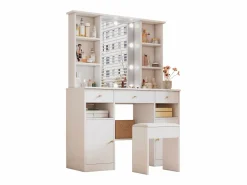 Online Merax Conjunto de tocador - 110 x 40 x 151 cm - Tocador con luces LED + espejo + taburete + 3 cajones + 2 puertas - Aglomerado - Blanco