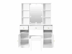 Online Merax Conjunto de tocador - 110 x 40 x 151 cm - Tocador con luces LED + espejo + taburete + 3 cajones + 2 puertas - Aglomerado - Blanco