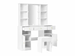 Online Merax Conjunto de tocador - 110 x 40 x 151 cm - Tocador con luces LED + espejo + taburete + 3 cajones + 2 puertas - Aglomerado - Blanco