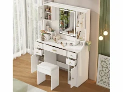 Best Merax Conjunto de tocador - 105 x 40 x 152 cm - Tocador con LED Lámparas + Espejo + Taburete + 6 Cajones + 4 Puertas - MDF - Blanco