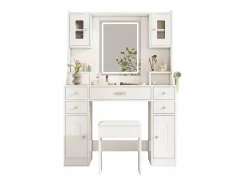 Best Merax Conjunto de tocador - 105 x 40 x 152 cm - Tocador con LED Lámparas + Espejo + Taburete + 6 Cajones + 4 Puertas - MDF - Blanco