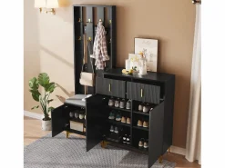 New Conjunto de vestidor con banco zapatero y cojín, panel perchero con ganchos, mueble zapatero con cajones y puertas (60,5x180,5x35,2 cm) Perchero