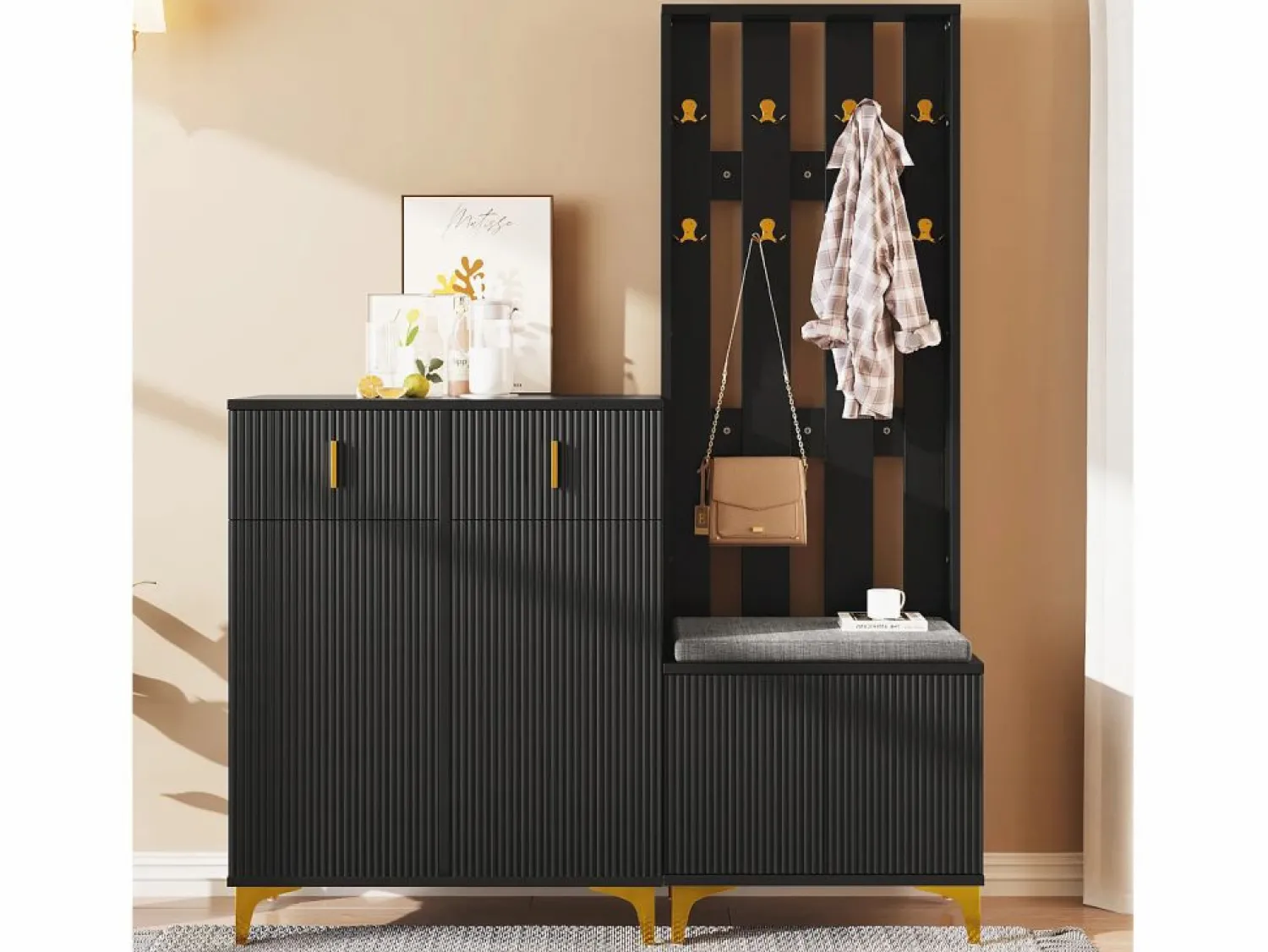 New Conjunto de vestidor con banco zapatero y cojín, panel perchero con ganchos, mueble zapatero con cajones y puertas (60,5x180,5x35,2 cm) Perchero