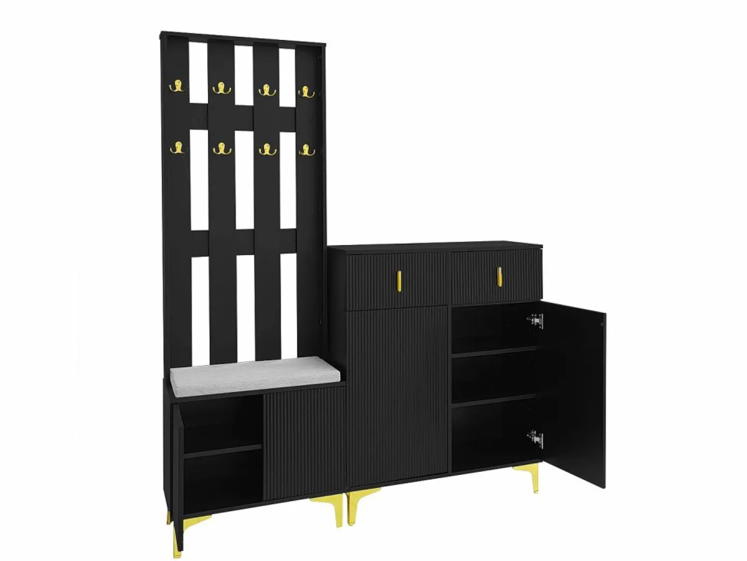 New Conjunto de vestidor con banco zapatero y cojín, panel perchero con ganchos, mueble zapatero con cajones y puertas (60,5x180,5x35,2 cm) Perchero