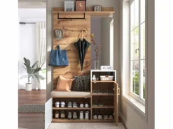 New Conjunto de vestidor con espejo, banco y zapatero, diseño escandinavo, MDF y tablero de partículas, (105x40x190,5 cm) Perchero