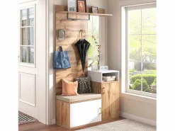 New Conjunto de vestidor con espejo, banco y zapatero, diseño escandinavo, MDF y tablero de partículas, (105x40x190,5 cm) Perchero