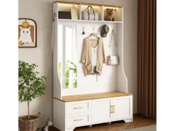 ModernLuxe Conjunto de vestidor de entrada 120x40x187 cm - Espejo y ganchos - con LED - Mueble para zapatos - + Natural