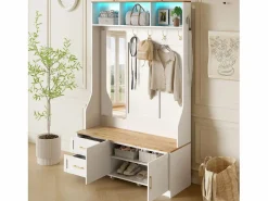 ModernLuxe Conjunto de vestidor de entrada 120x40x187 cm - Espejo y ganchos - con LED - Mueble para zapatos - + Natural