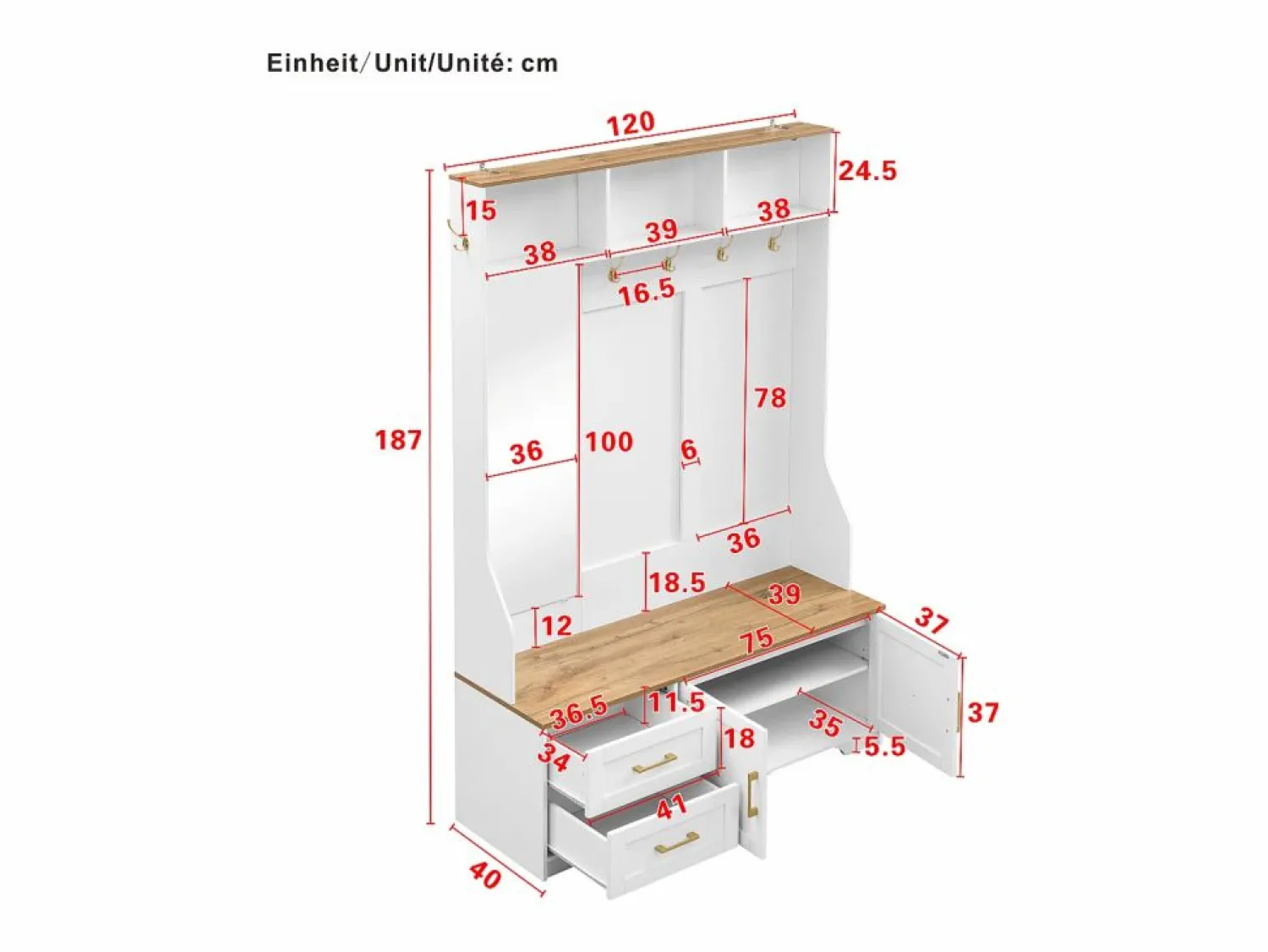 ModernLuxe Conjunto de vestidor de entrada 120x40x187 cm - Espejo y ganchos - con LED - Mueble para zapatos - + Natural