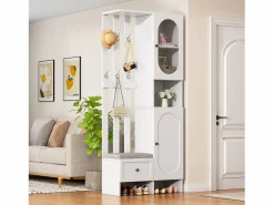 New ModernLuxe Conjunto de vestidor de entrada 85×33,5×200 cm - 2 puertas y 1 cajón - con banco para zapatos y cojín - 6 ganchos - Blanco