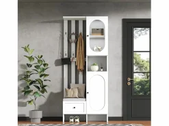 New ModernLuxe Conjunto de vestidor de entrada 85×33,5×200 cm - 2 puertas y 1 cajón - con banco para zapatos y cojín - 6 ganchos - Blanco