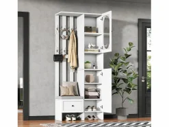 New ModernLuxe Conjunto de vestidor de entrada 85×33,5×200 cm - 2 puertas y 1 cajón - con banco para zapatos y cojín - 6 ganchos - Blanco