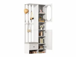 New ModernLuxe Conjunto de vestidor de entrada 85×33,5×200 cm - 2 puertas y 1 cajón - con banco para zapatos y cojín - 6 ganchos - Blanco