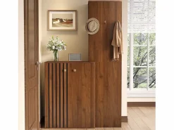 ModernLuxe Conjunto de vestidor de entrada moderno - Zapatero + Perchero - Con barra y ganchos - MDF - Color nogal​ (Requiere taladro)