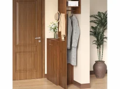 ModernLuxe Conjunto de vestidor de entrada moderno - Zapatero + Perchero - Con barra y ganchos - MDF - Color nogal​ (Requiere taladro)