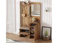 Hot Conjunto de vestidor de entrada 115x37x185 cm - con espejo y ganchos - con asiento acolchado - Paraguero - Natural Armario De Entrada