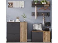 ModernLuxe Conjunto de vestidor de entrada - 2 muebles para zapatos - barra para ropa y 4 ganchos - Espejo - Natural + Negro