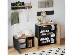 ModernLuxe Conjunto de vestidor de entrada - 2 muebles para zapatos - barra para ropa y 4 ganchos - Espejo - Natural + Negro