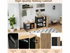 ModernLuxe Conjunto de vestidor de entrada - 2 muebles para zapatos - barra para ropa y 4 ganchos - Espejo - Natural + Negro