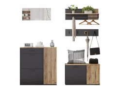 ModernLuxe Conjunto de vestidor de entrada - 2 muebles para zapatos - barra para ropa y 4 ganchos - Espejo - Natural + Negro