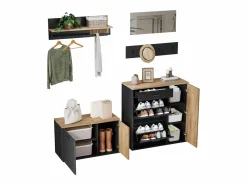 ModernLuxe Conjunto de vestidor de entrada - 2 muebles para zapatos - barra para ropa y 4 ganchos - Espejo - Natural + Negro