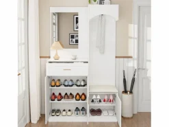 Outlet Conjunto de vestidor de entrada 110x33x185,5 cm - 3 puertas y 1 cajón - Mueble para zapatos y banco para calzado - con espejo - Armario De Entrada