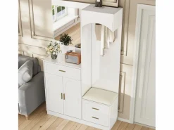Outlet Conjunto de vestidor de entrada 110x33x185,5 cm - 3 puertas y 1 cajón - Mueble para zapatos y banco para calzado - con espejo - Armario De Entrada