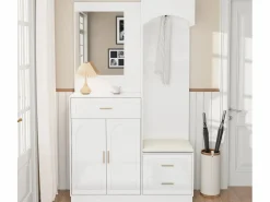 Outlet Conjunto de vestidor de entrada 110x33x185,5 cm - 3 puertas y 1 cajón - Mueble para zapatos y banco para calzado - con espejo - Armario De Entrada