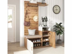 Outlet Conjunto de Vestuario Moderno con Perchero, Banco para Zapatos y Espejo - Blanco y Natural Armario De Entrada