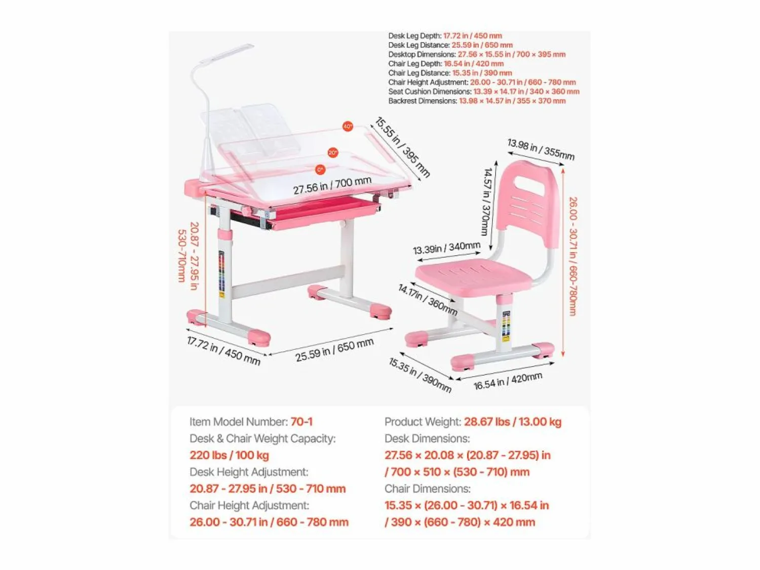 Conjunto Escritorio y Silla para Niños SucceBuy, Altura Ajustable con Lámpara,