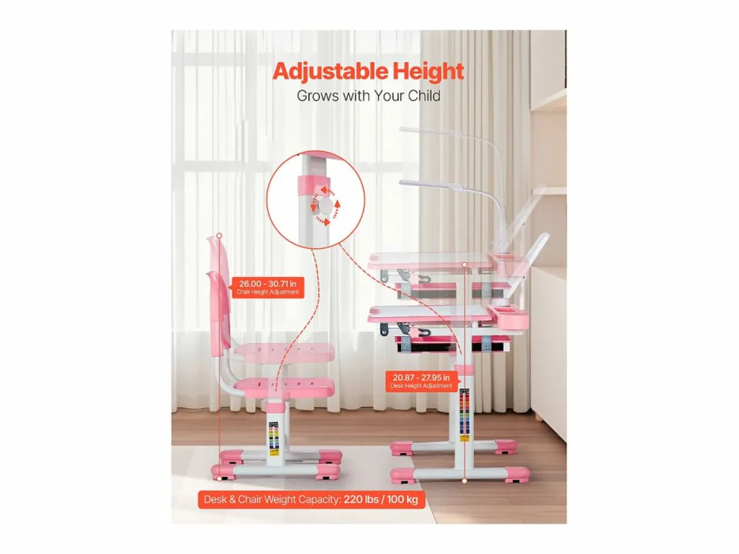 Conjunto Escritorio y Silla para Niños SucceBuy, Altura Ajustable con Lámpara,