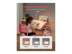 Conjunto Escritorio y Silla para Niños SucceBuy, Altura Ajustable con Lámpara,