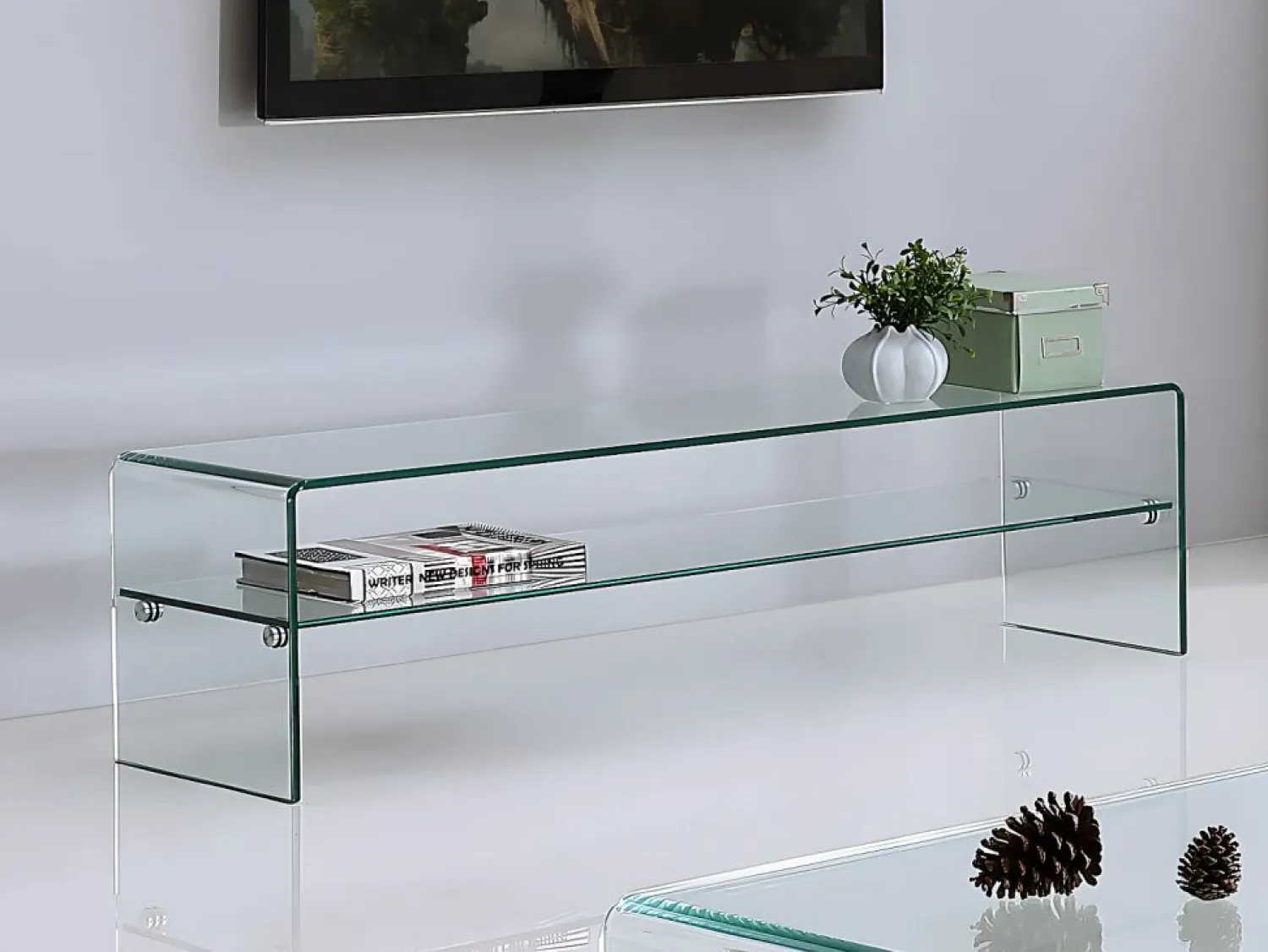 Best Vente-unique Conjunto Mesa de centro + Mueble TV - Cristal templado - Sala de estar design STILEOS Transparente