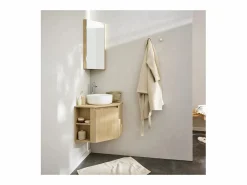 Outlet Conjunto mueble bajo lavabo de esquina + lavabo + grifo + armario de baño de esquina SORRENTO Color natural claro