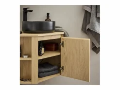 Outlet Conjunto mueble bajo lavabo de esquina + lavabo + grifo + armario de baño de esquina SORRENTO Color natural claro