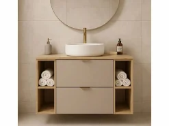 Conjunto para baño 100 cm Armario con encimera y estanterías Roble Artisan / Cachemira Orio Beige