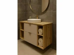 Conjunto para baño 100 cm Armario con encimera y estanterías Roble Artisan / Cachemira Orio Beige