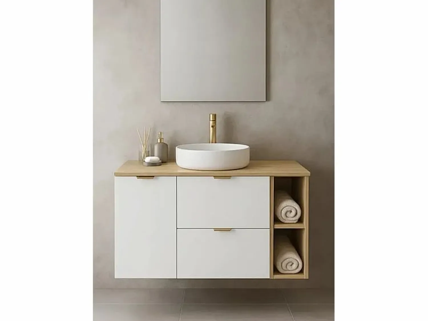 Best Conjunto para baño 120 cm Armario con encimera Armario con cesta Estantería Roble Artisan / Orio Mueble De Lavabo