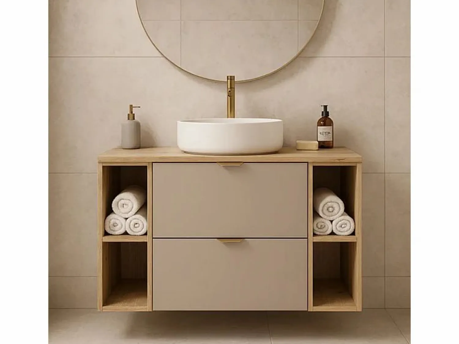 Clearance Conjunto para baño 100 cm Armario con encimera Estanterías Columna Roble Artisan / Cachemira Orio Conjunto De Baño