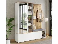 Sale Conjunto vestidor de entrada 160x38x180cm - con 3 puertas y compartimentos de almacenamiento - con espejo y mueble para zapatos - con gancho - Natural + Blanco Armario De Entrada